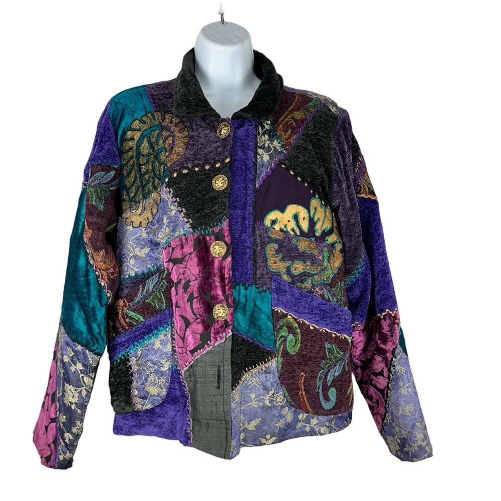 Tapestry Patch Vintage Patchwork Velvet Jacket With Gold Buttons & Embroidery M